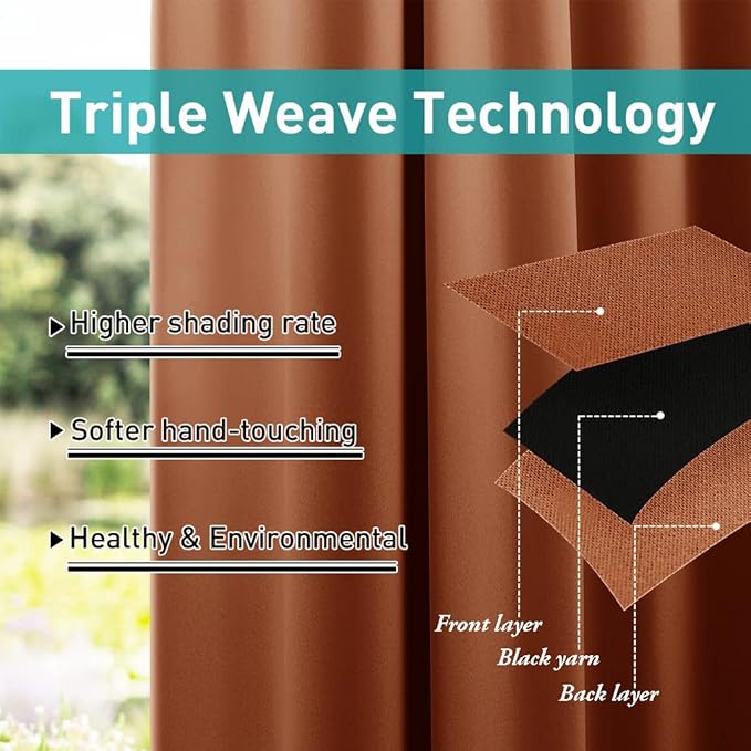 NICETOWN Outdoor Curtains Heavy Weight for Patio Waterproof & Windproof, Top and Bottom Rustproof Grommets Block The Sun & Heat Privacy for Yard/Porch, Burnt Orange, W52 x L108, 2PCs