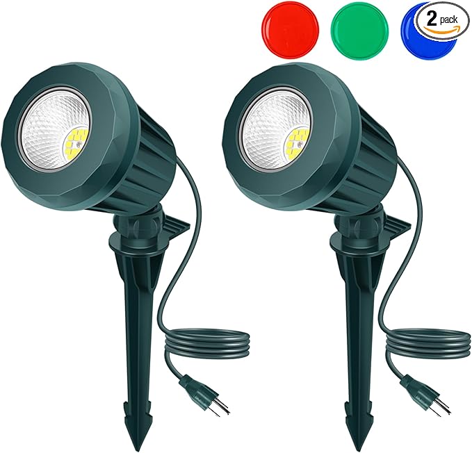 Spotlight Outdoor – 120V Plug-in, 2700K Warm White LED Landscape Spot Lights with RGB 3 Lenses for Yard, Garden, Lawn&Tree Decor, IP67 Waterproof, Perfect for Holidays&Everyday (2 Pack, Green)