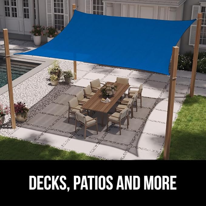 GORILLA GRIP Heavy Duty Sun Shade, UV Protection Fade Tear and Rust Resistant Rectangle Sunshade Canopy, Curved Edges Blocks Sunlight, Breathable Sail, Outdoor Patio, Lawn Garden, 8x12 FT Blue