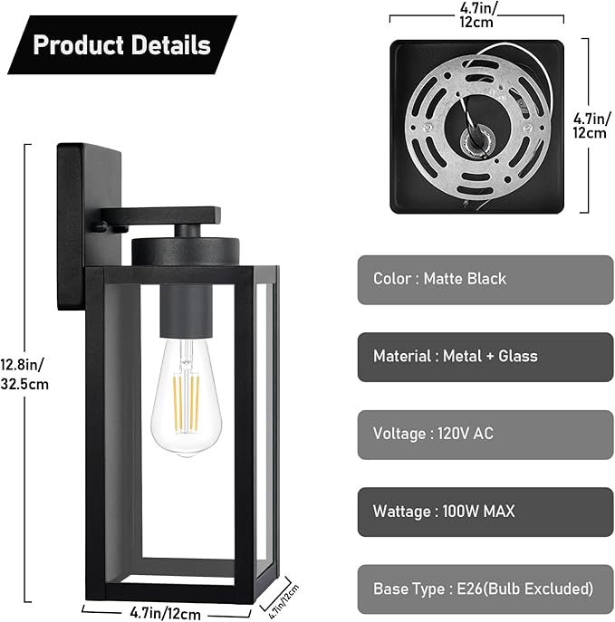 Outdoor Wall Light Fixtures, Exterior Waterproof Wall Lanterns, Porch Sconces Lighting with E26 Sockets & Glass Shades, Modern Matte Black Outside Lights for Patio Front Door Entryway Garage, 2-Pack