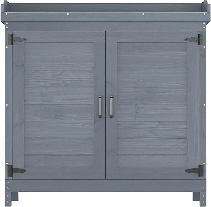 Outdoor Garden Patio Wooden Storage Cabinet Furniture Waterproof Tool Shed with Potting Benches Outdoor Work Station Table (Gray)