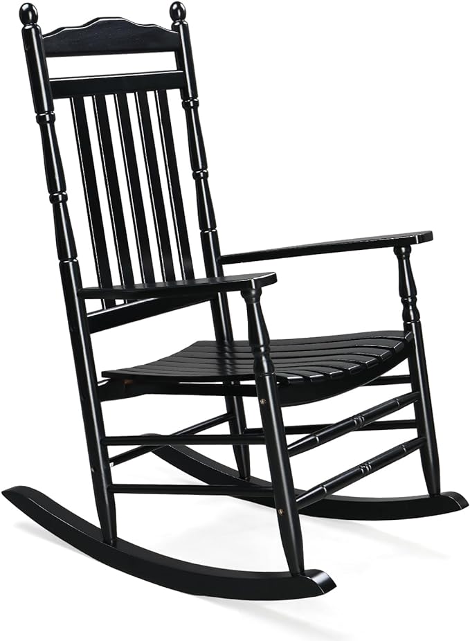 VINGLI Wooden Rocking Chair, Outdoor Chair with 450 lbs Support, Relaxing Rocker with Solid Wood High Back Seat Reclining Seat for Deck, Garden, Backyard, Porch, Indoor or Outdoor Use (Black, 1PC)