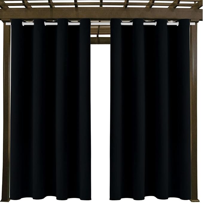 Waterproof Outdoor Curtain W52 x L84 - Grommet Top Sunlight Blocking Window Treatment Drapes Blackout Curtains for Home Bedroom Living Room Outdoor Patio Porch Pergola Cabana Gazebo (Black, 2 Panels)