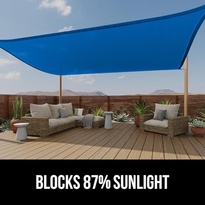 GORILLA GRIP Heavy Duty Sun Shade, UV Protection Fade Tear and Rust Resistant Rectangle Sunshade Canopy, Curved Edges Blocks Sunlight, Breathable Sail, Outdoor Patio, Lawn Garden, 8x12 FT Blue