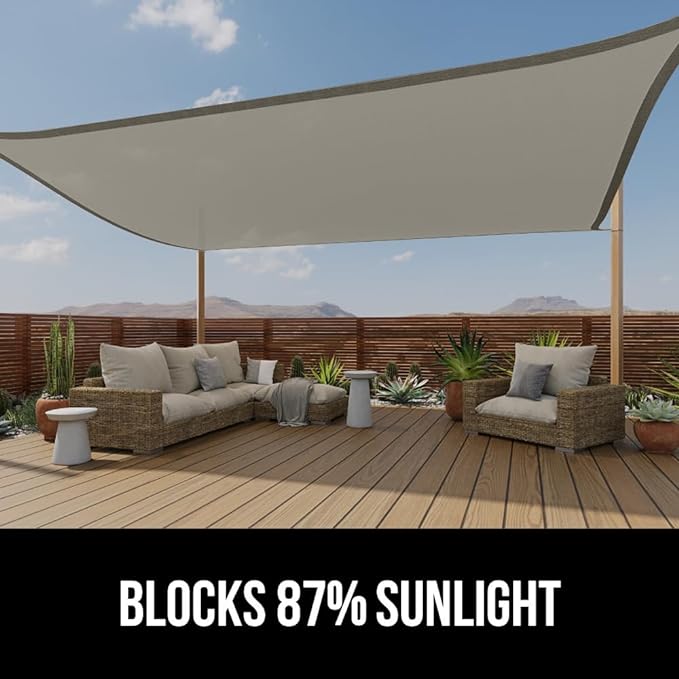GORILLA GRIP Heavy Duty Sun Shade, UV Protection Fade Tear and Rust Resistant Rectangle Sunshade Canopy, Curved Edges Blocks Sunlight, Breathable Sail, Outdoor Patio, Lawn Garden 10x10 FT Gray