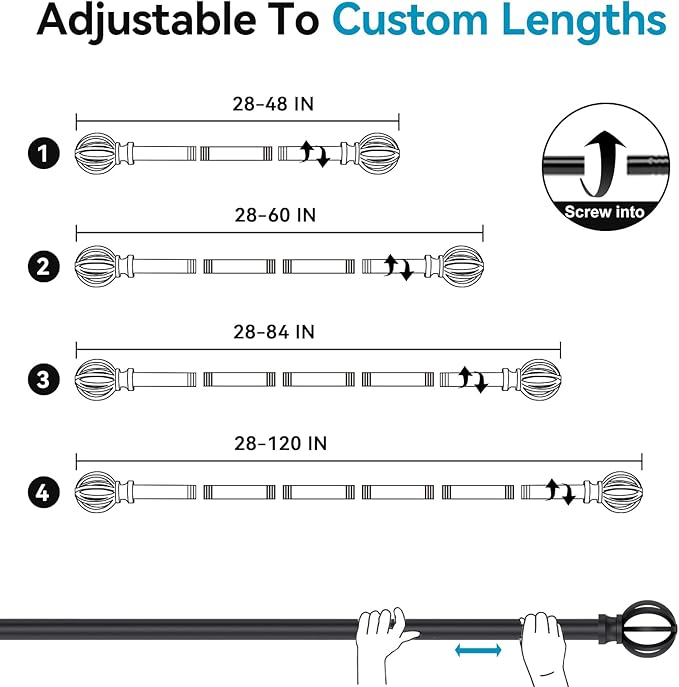 Curtain Rods for Windows 48 to 84,5/8 Inch Black Heavy Duty Metal Curtain Rods Set - Rustic Decorative Drapery Rods with Brackets for Farmhouse, Bedroom