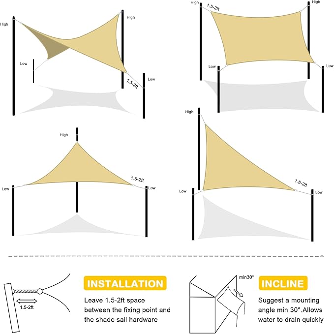 Artpuch Waterproof Sun Shade Sail, 12'x12'x12' Sand Triangular, UV Resistant Rain Canopy, Curved Edges Shade Cloth for Outdoor Patio, Deck, Yard