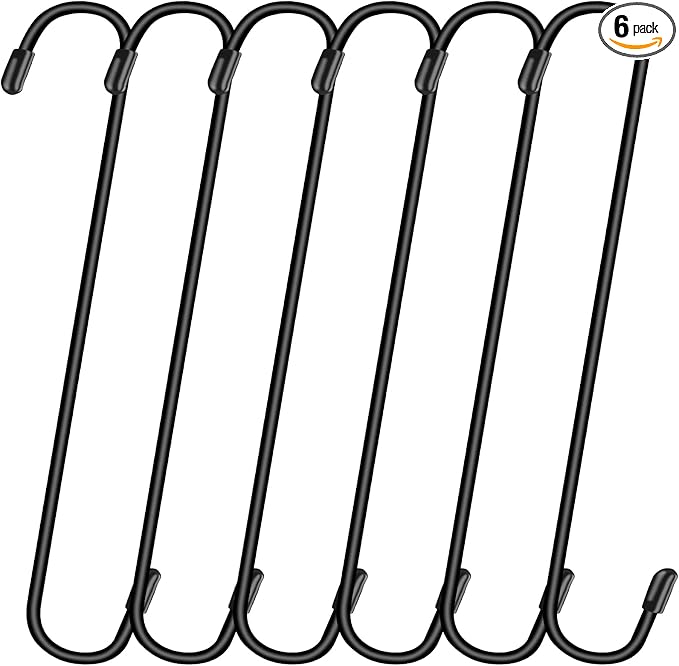 6 Pack 10 Inch Large S Hooks for Hanging Plants,Black Extra Matel Heavy Duty Hook for Hang Brsket,Bird House,Clothes,Kitchenware