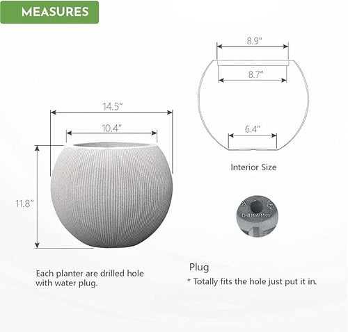 11.8" H X 14.5" D Round Plastic Planter with Drainage Hole & Plug, Large Lightweight Plant Pot, Stone Looking,Recyclable,Durable, Weather/UV Resistant for Indoor Outdoor, (8.9" Opening), Gray