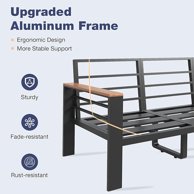 Aoxun Aluminum Patio Furniture Set 5 Seats, Oversized Outdoor Sectional with Washable Thick Cushions, Coffee Table, Patio Conversation Sets for Porch, Balcony, Deck