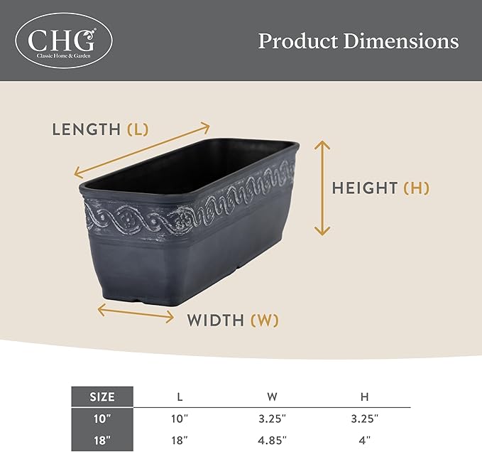 Classic Home and Garden Corinthian Rectangular Trough Window Box Planter, 10", Storm Gray, Pack of 3