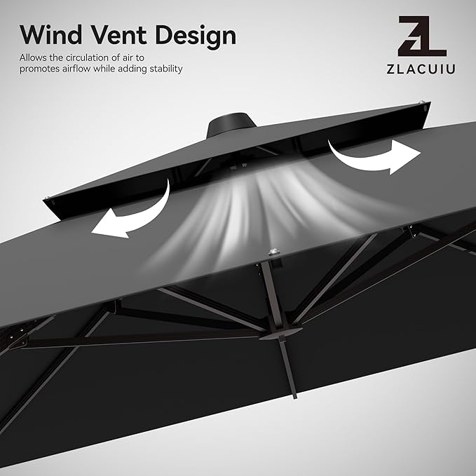 9x12FT Grey Cantilever Outdoor Patio Umbrella with Base, Large Rectangular Offset Design, Double Top Heavy Duty Aluminum Frame & 360° Rotation for Pool Garden Deck Backyard