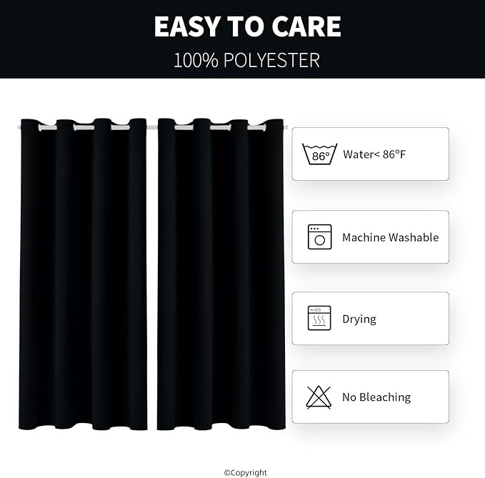 DIVA EN CAMINO DEC Outdoor Patio Curtain Waterproof Darkening Thermal Insulated Indoor Curtains for Bedroom, Porch, Living Room, Pergola, Cabana, W52 x L63, Black, Set of 2 Panels