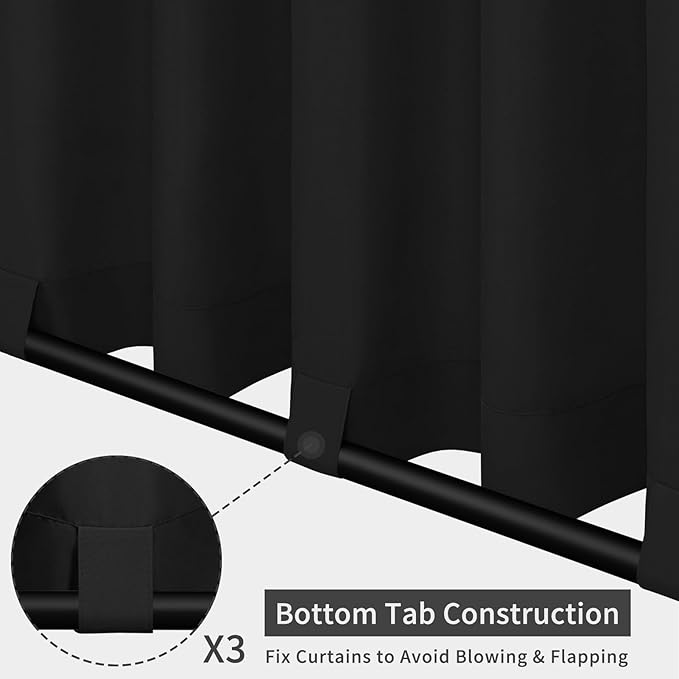 Easy-Going Outdoor Patio Curtains Detachable Tab Top Windproof Weatherproof Curtain for Cabana, Porch, Pergola and Gazebo, Tab Bottom Drape, 2 Panels, 54W x 96L inch, Black