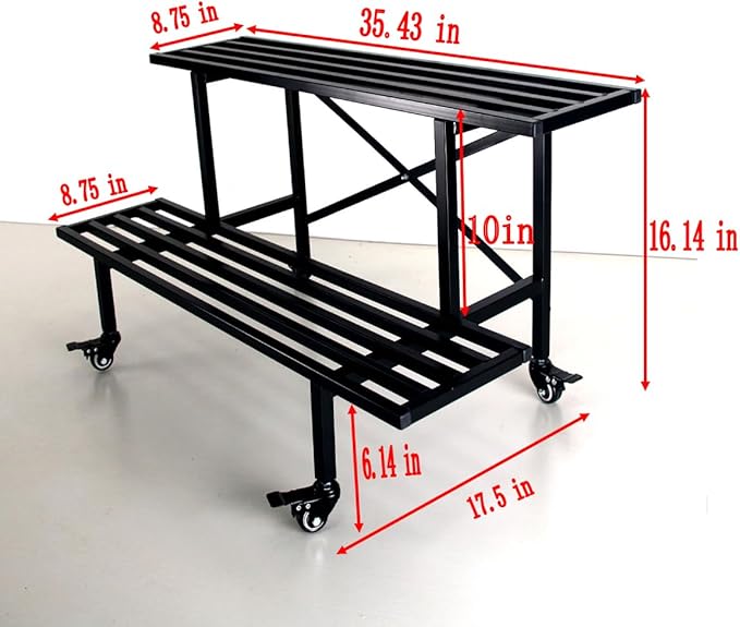 Zhongma 2 Tier Sturdy Metal Plant Stand with Wheels, L35.43 x W17.5 x H16.14 inch, Heavy Duty Plant Holder for Home Indoor and Outdoor,440 LBS Capacity & Heavy Duty Construction