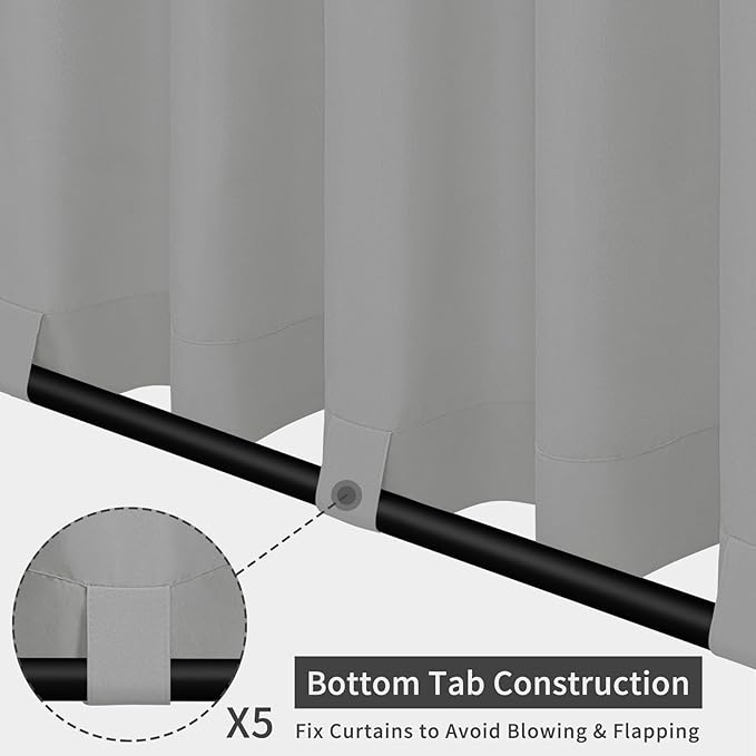 Easy-Going Outdoor Patio Curtains Detachable Tab Top Windproof Weatherproof Curtain for Cabana, Porch, Pergola and Gazebo, Tab Bottom Drape, 2 Panels, 110W x 108L inch, Light Grey