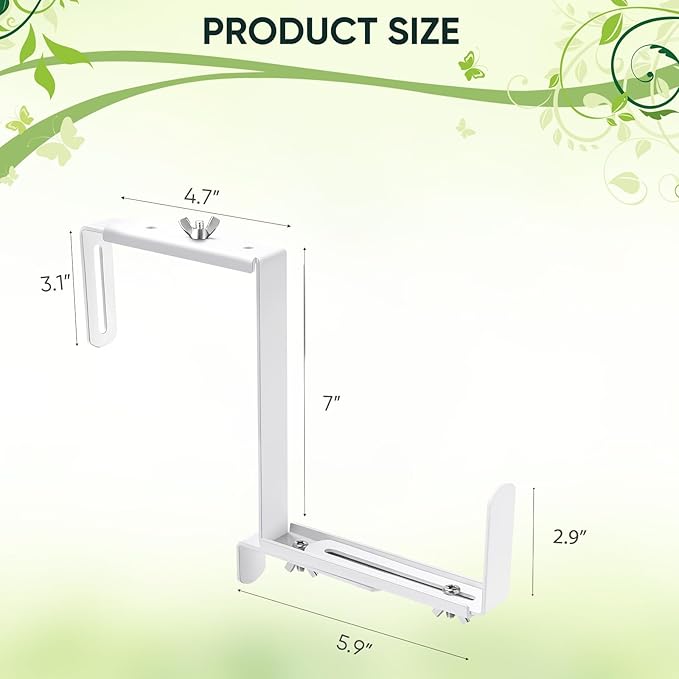 Planter Box Brackets, Adjustable Flower Box Brackets for Deck Railing, 2 Pack No Drill Window Box Bracket for Outdoor Planters-White