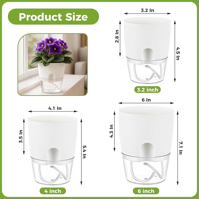Planterhoma 3 Pack Self Watering Pots for Indoor Plants, 6 Inch Plant Pot Plastic Self Watering Planter for Orchid, African Violet, Small Clear Flower Pots with Drainage Holes and Wicking Rope, White