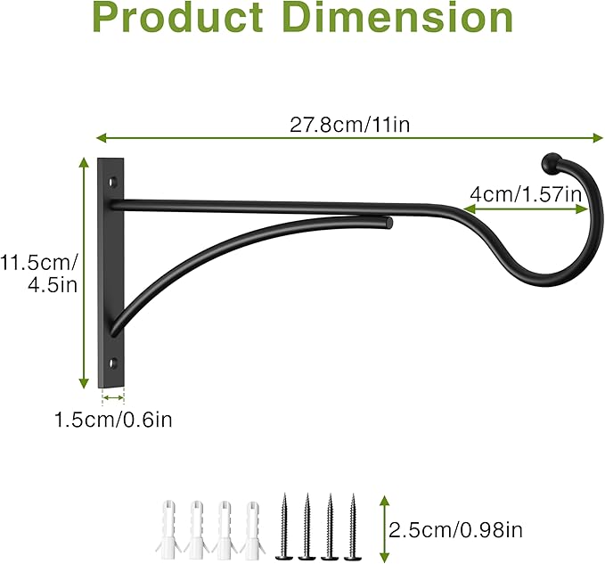 11 Inch Heavy Duty Plant Hangers Outdoor, Metal Plant Brackets for Hanging Baskets, Plant Wall Hooks for Bird Feeders, Wind Chimes & Lanterns, Premium Metal Hooks Matte Black, 30lbs Capacity