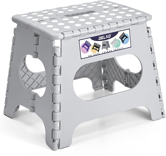 Delxo Folding Step Stool, 11 inch Non-Slip Foldable Stools for Kids & Adults Up to 300 LBS, Step Stool with Handle, Lightweight for Kitchen, Bathroom, Bedroom, Garden, Grey, 1PC