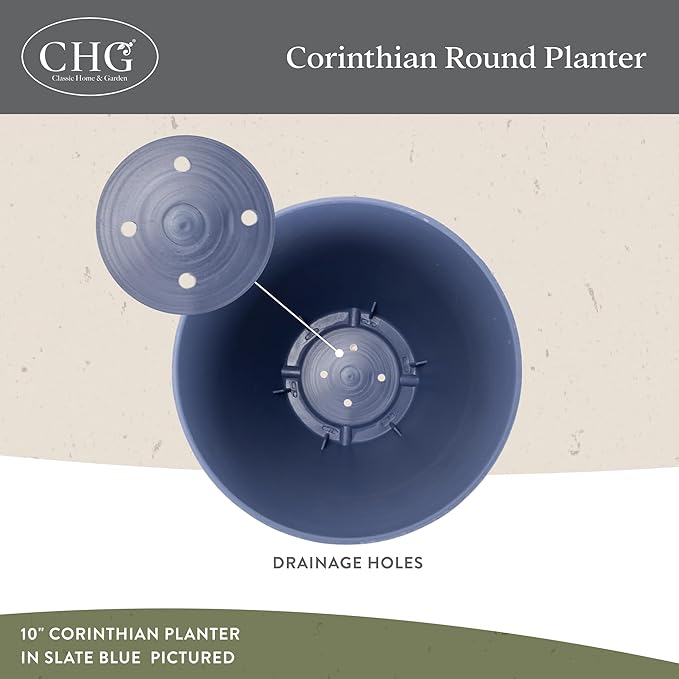 Classic Home and Garden Corinthian Round Resin Flower Planter Pot, Slate Blue 8" (Pack of 3)