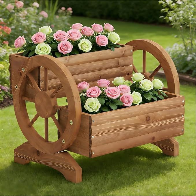 Wooden Wagon Planter Outdoor Flower Cart with Wheels Garden Planter, Decor Planter for Patio Balcony Decoration Succulent Flower Pot for Indoor Backyard Balcon Yard Decor planters (Brown)