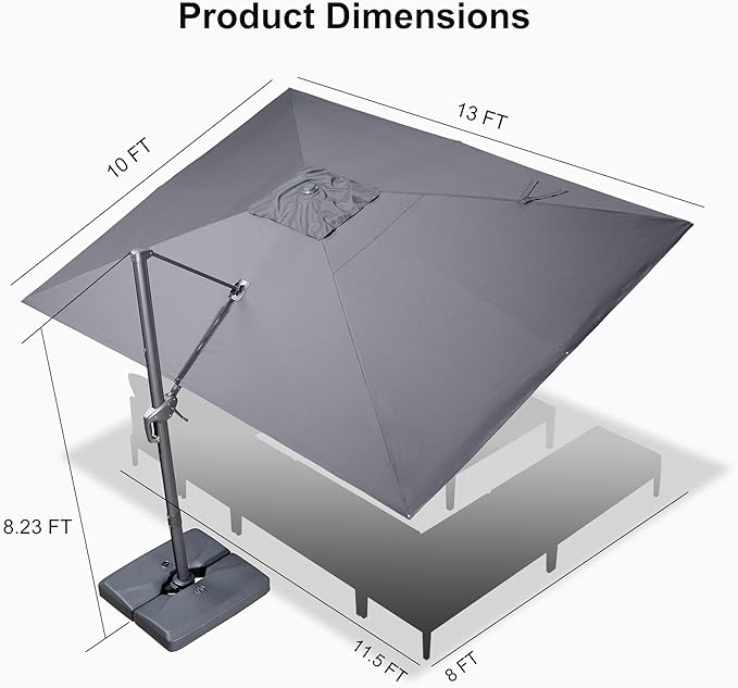 PURPLE LEAF Patio Umbrella 10' X 13' Rectangle Cantilever Umbrella Large Aluminum Outdoor Umbrellas with 360-degree Rotation & UPF40+ Premium Fabric for Deck Pool Garden Yard, Graphite Grey