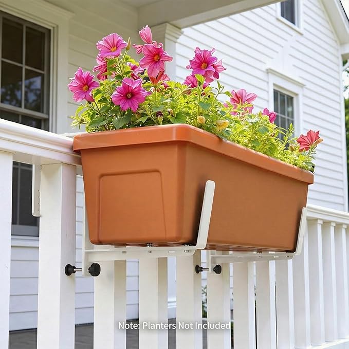 Window Box Brackets, Adjustable Planter Box Brackets, Heavy Duty Iron Flower Box Brackets for Railings, with Enhanced Bottom Support - Perfect for Balconies, Fences, and Gardens (White, 4 Pack)