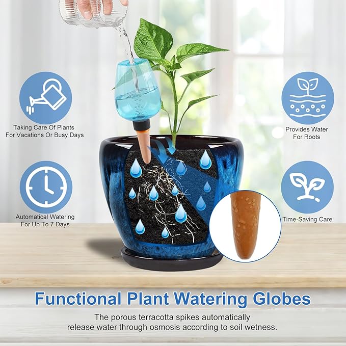 Ceramic Pots for Plant with Self Watering Globes, 8 inch Planters for Indoor Plants with Saucer, Glaze Flower Pots Outdoor with Drainage Holes, Decorative Garden Pots