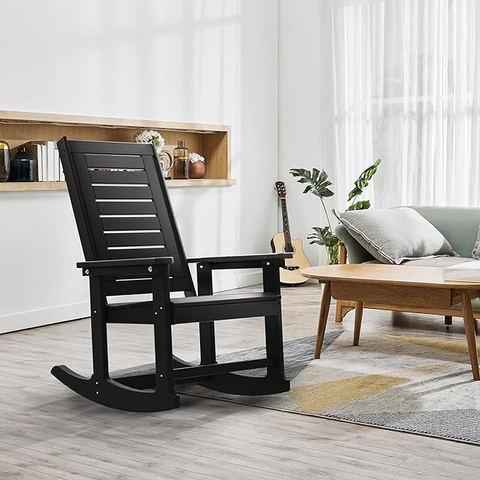 GREENVINES Outdoor Rocking Chairs | Set of 4 | Porch Rocker | HDPE Plastic | Black | Oversized Rockers | High Back | Big & Tall | Ladder Back | for Patio Outside Backyard Balcony Garden