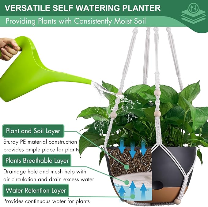 3 Pack 8/10/12 Inch Hanging Planters for Indoor Plants with Self-Watering Includes Hanging Pots for Plants, Outdoor Hanging Flower Pots with Drainage, and 2 Types of Hanging Baskets Hangers (Black)