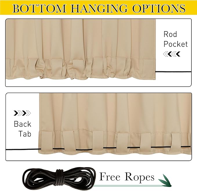 NICETOWN 2 Panels Outdoor Curtains for Patio Waterproof & Windproof, Thermal Insulated Top & Bottom Pocket & Back Tab Light Block Outdoor Drapes with Bonus Rope for Fixed, Biscotti Beige, W52 x L95