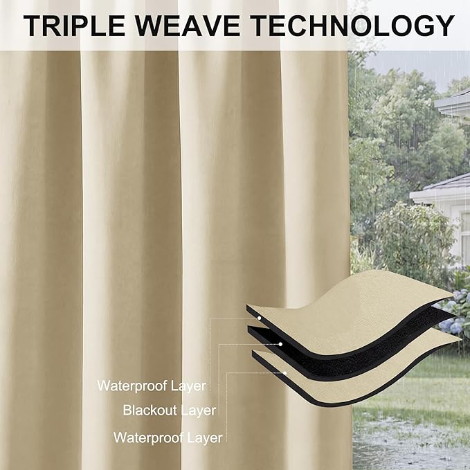 RYB HOME Extra Wide Outdoor Curtains for Patio Waterproof Heavy Duty Thermal Insulated in Summer Full Coverage Privacy for Porch, Cabana & Pool, W120 x L84, Biscotti Beige, 1 Panel