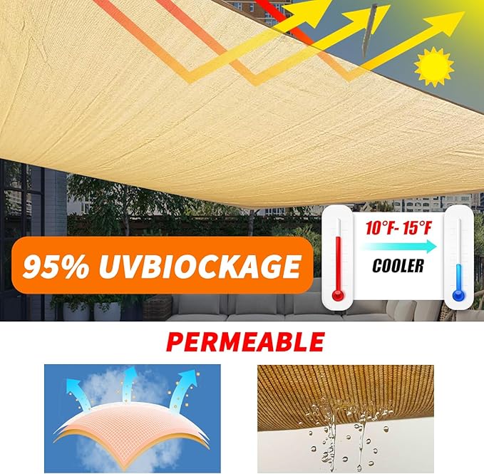 12'x16' Sun Shade Sail Curved Commercial Outdoor Shade Cover Turquoise Rectangle Heavy Duty Permeable 185GSM Outdoor Shades for Patio Garden Sandbox