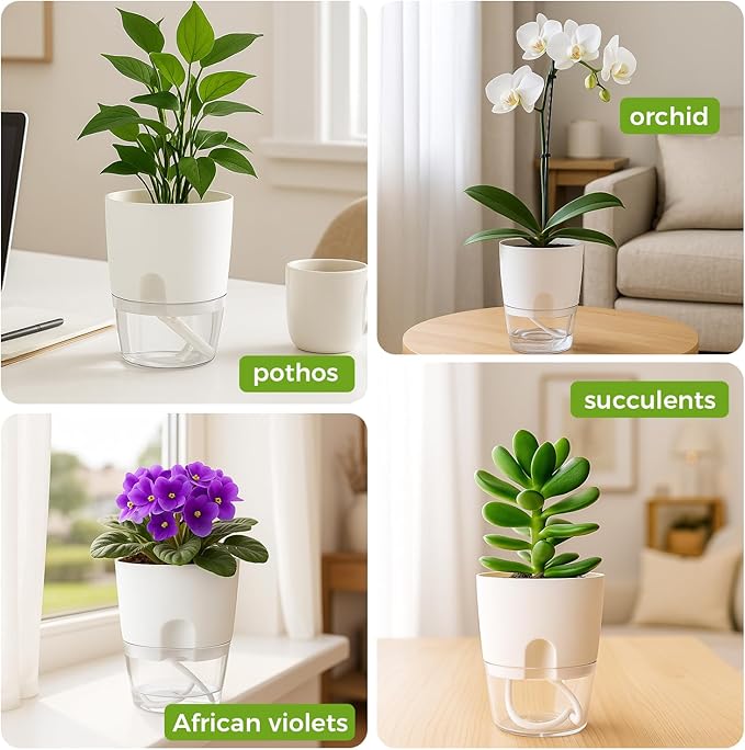 8 Pack Self Watering Pots for Indoor Plants, PlanterHoma 3.2 Inch Plant Pot Plastic Self Watering Planter for Orchid, African Violet, Mini Clear Flower Pots with Drainage Holes and Wicking Rope, White