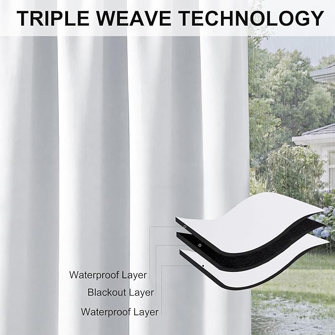 RYB HOME Extra Wide Outdoor Curtains for Patio Waterproof Heavy Duty Thermal Insulated in Summer Full Coverage Privacy for Porch, Cabana & Pool, W120 x L95, Greyish White, 1 Panel