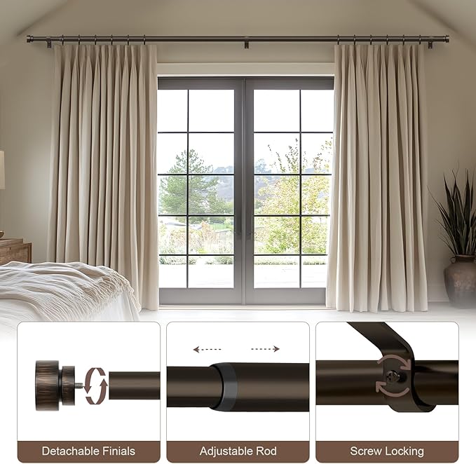 2 Pack Modern Antique Brown Bronze Curtain Rods for Windows 48 to 88 Inches Adjustable Heavy Duty 1" Diameter Window Rod with Decorative Finials for Outdoor Farmhouse Bedroom Kitchen Living Room