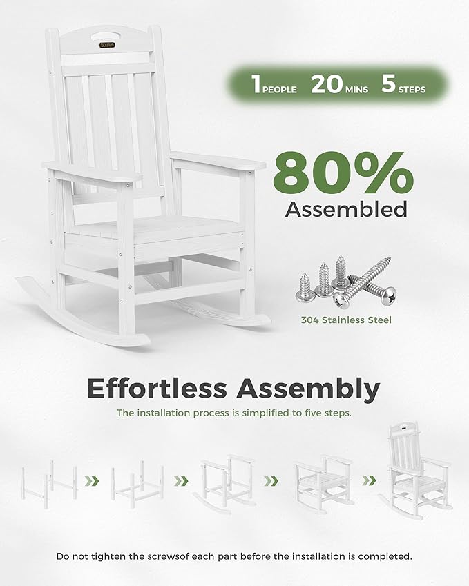 Oversized Rocking Chairs Outdoor Set of 4, High Back Porch Rocking Chair, HDPE All Weather Resistant Patio Chairs, 380lbs Weight Capacity, White
