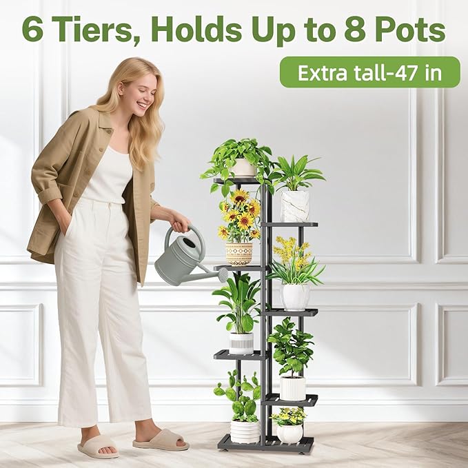 iDavosic.ly Plant Stand with Grow Light Indoor Outdoor, 6-Tier Tall Metal Flower Shelf for Heavy-Duty Large Planters, Corner Orchid Display Rack for Living Room Balcony Patio Porch, Modern Black