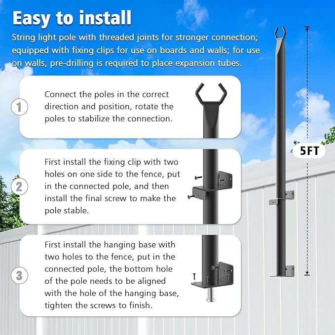 6 Pack String Light Poles,5Ft Light Poles for Outside String Lights,Outdoor Lights Pole with Fork,Metal Poles Stand for Patio Deck Backyard