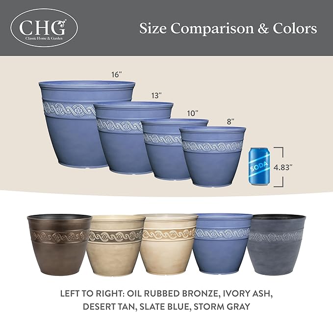 Classic Home and Garden Corinthian Resin Flower Pot Planter, Ivory Ash, 8"
