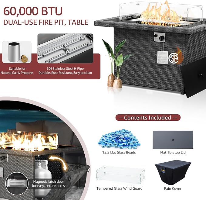 NICESOUL 13 Piece Large Outdoor Sectional with Fire Pit Table, 29.3'' High Back Patio Furniture with Fire Pit Table & Chaise Lounge, Big Deep 10-Seater for Garden, Grey Wicker & Burgundy Cushion