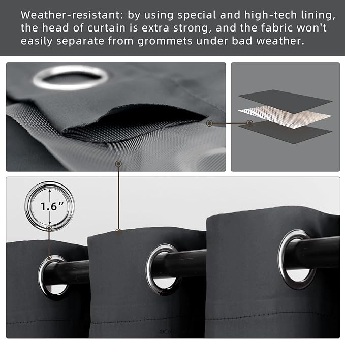 Waterproof Outdoor Curtain W84 x L120 - Grommet Top Sunlight Blocking Window Treatment Drapes Blackout Curtains for Home Bedroom Living Room Patio Pergola Cabana Gazebo (Dark Gray, 2 Panels)