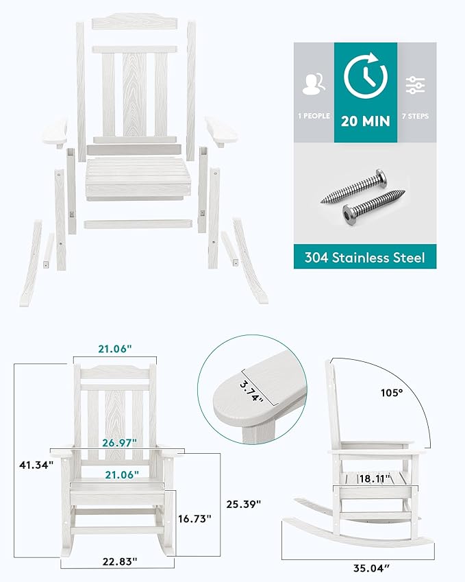 SERWALL Oversized Outdoor Rocking Chair Set of 4, HDPE Outdoor Rocking Chair for Adults, White