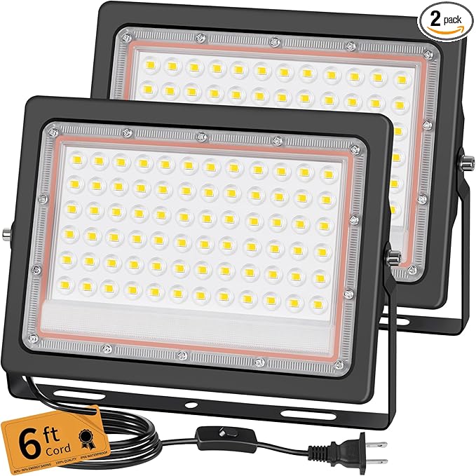 60W LED Flood Light Outdoor with 6ft Plug, 7200LM Brighter Exterior Security Lights, 5000K Daylight Floodlights, IP66 Waterproof for Yard, Garage, Workshop, Lawn, 2 Pack