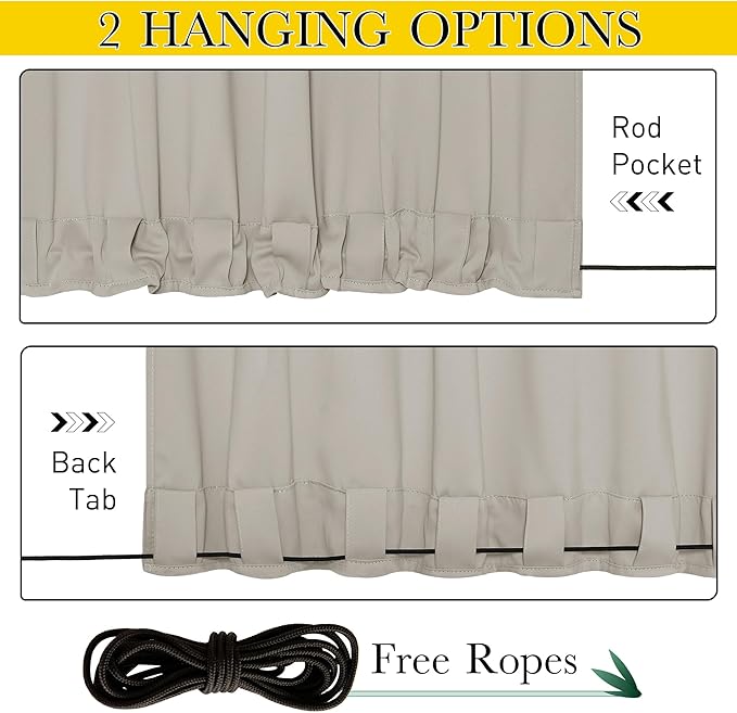 NICETOWN 2 Panels Waterproof Outdoor Curtains Fixed Grommet & Back Tab on Top & Bottom, Thermal Insulated Keep Rain & Sun Out Privacy Windproof Outdoor Draperies with Rope, W52 x L72, Natural
