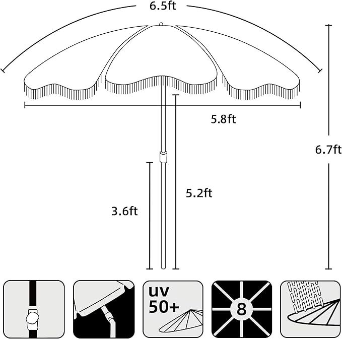 AMMSUN Boho Fringe Umbrella Outdoor Patio, 6.5ft UPF50+ Picnic Umbrella with Tassels with Steel Pole and Push Button Tilt, Vintage Green Stripe
