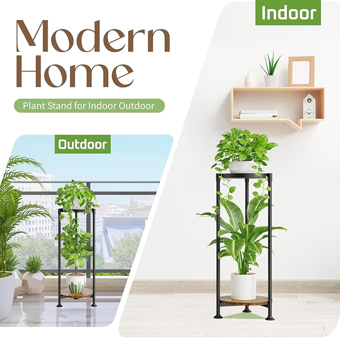 iDavosic.ly 2 Tier Corner Plant Stand Indoor, 30 Inch Tall Vertical Metal Flower Heavy Duty Pot Holder Shelf Outdoor for Patio Porch Living Room, Modern Black & Rustic Brown - Round