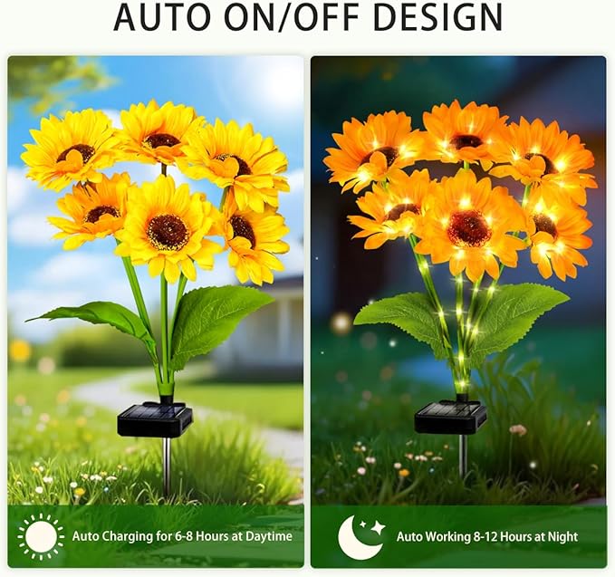 4 Pack with 24 Solar Sunflower Lights Outdoor Decorative Lights for Garden, Birthday Gift for Mom and Friends, IP65 Waterproof Sunflower Garden Stake Lights for Yard Patio Lawn Pathway