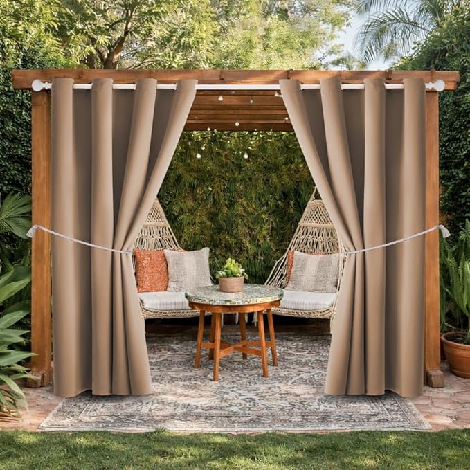 DIVA EN CAMINO DEC Outdoor Patio Curtain Waterproof Darkening Thermal Insulated Indoor Curtains for Bedroom, Porch, Living Room, Pergola, Cabana, W52 x L95, Camel Brown, Set of 2 Panels